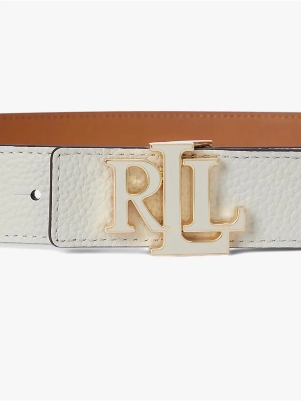 Ralph Lauren White Pebbled Leather Belt with Gold RL Buckle